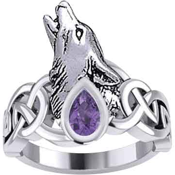 Silver Celtic Wolf with Gemstone Ring
