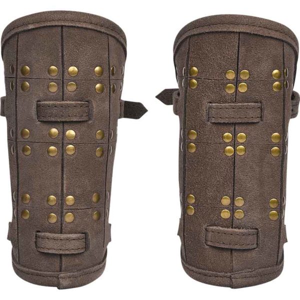 Studded Fighter Leather Bracers - Brown