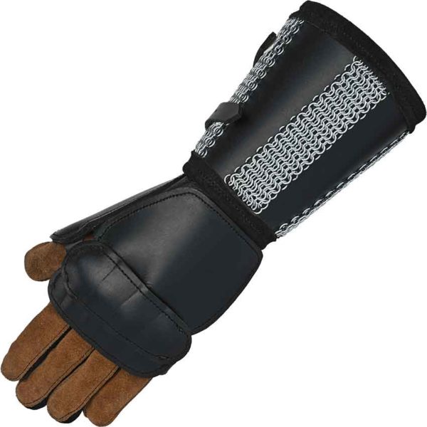 Leather Gauntlet with Chainmail Cuff - Black