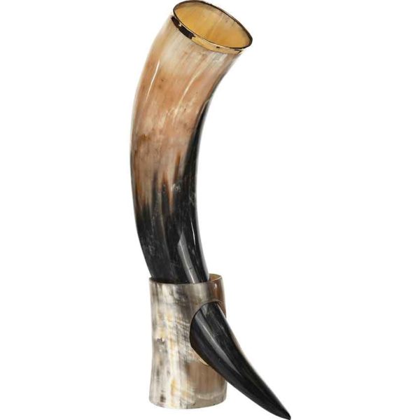 Brass Trim Drinking Horn with Horn Stand