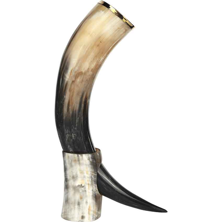 Brass Trim Drinking Horn with Horn Stand
