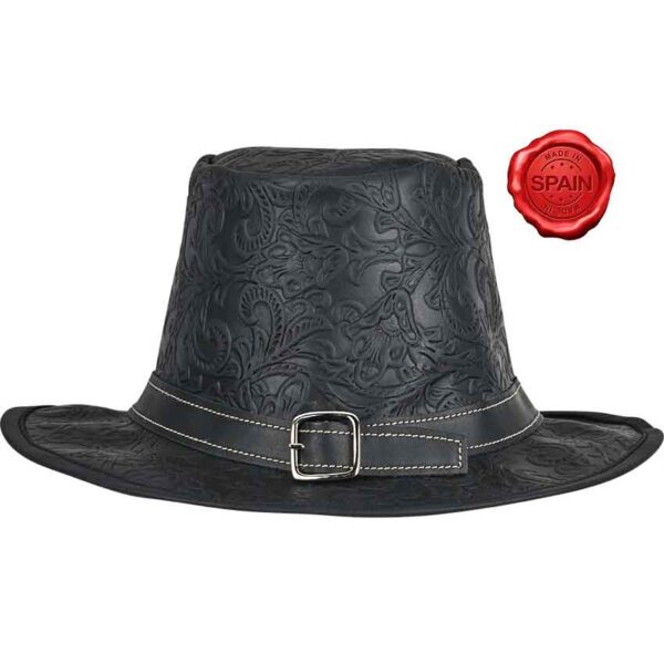 Handcrafted Embossed Leather Hat - Black