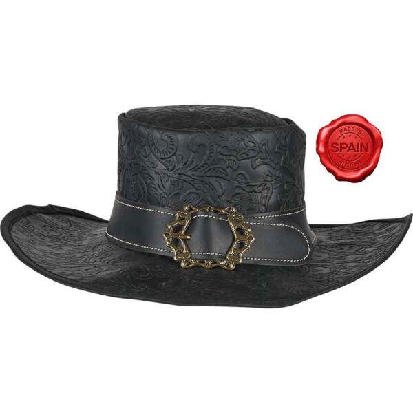 Embossed Leather Wide Brim Hat - Black