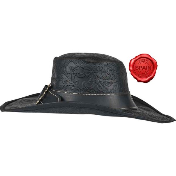 Embossed Leather Wide Brim Hat - Black