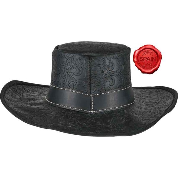 Embossed Leather Wide Brim Hat - Black