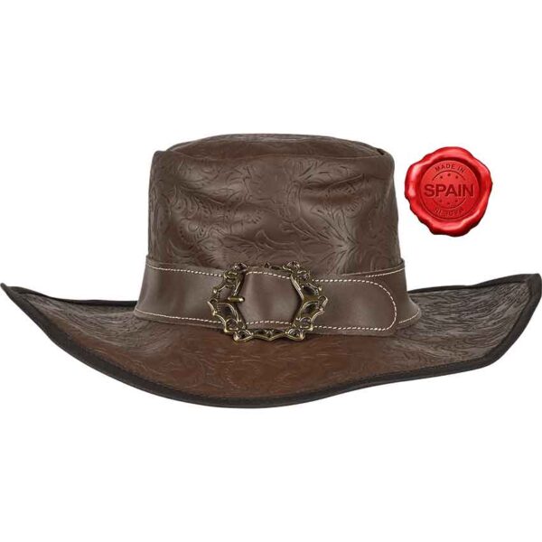Embossed Leather Wide Brim Hat - Brown