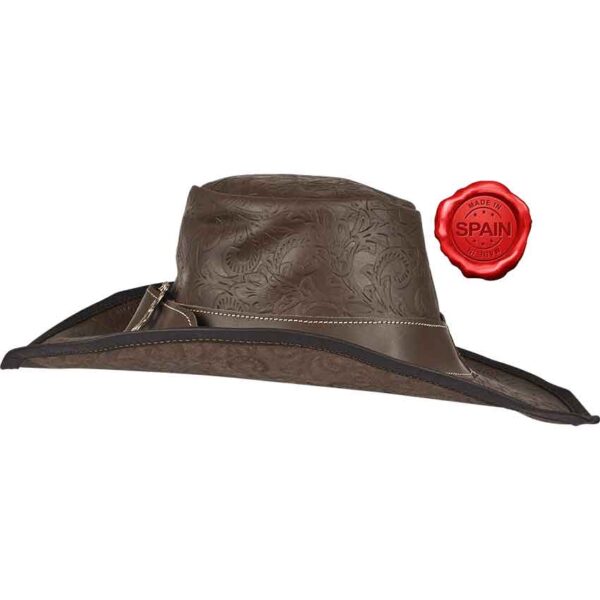 Embossed Leather Wide Brim Hat - Brown