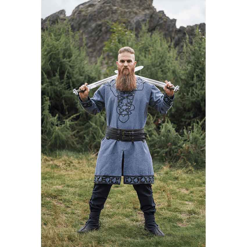 Erik Leather Trim Viking Tunic - Blue-Grey