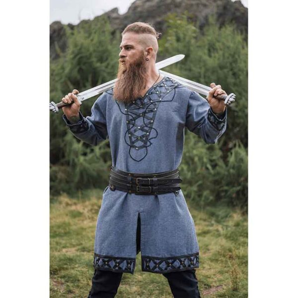 Erik Leather Trim Viking Tunic - Blue-Grey