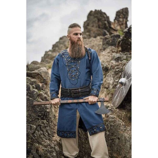 Erik Leather Trim Viking Tunic - Dark Blue