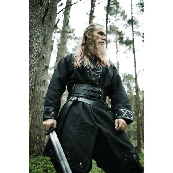 Erik Leather Trim Viking Tunic - Black