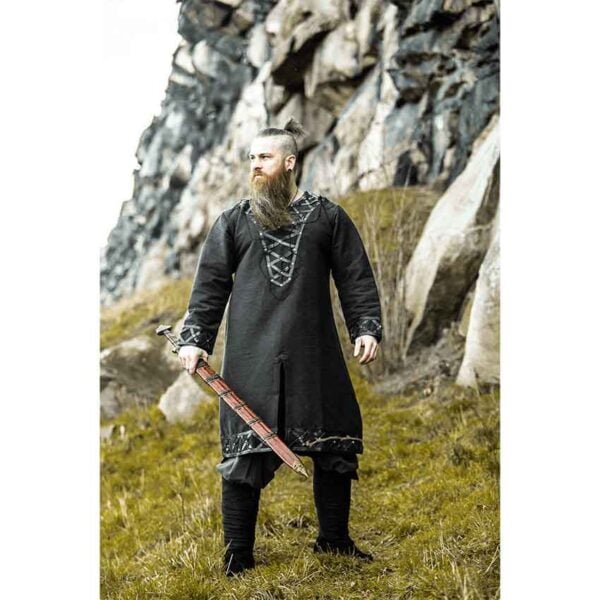 Erik Leather Trim Viking Tunic - Black