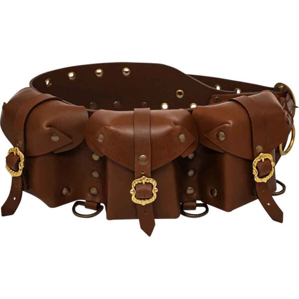 Triple Pouch Leather Belt with Glass Vials - Brown