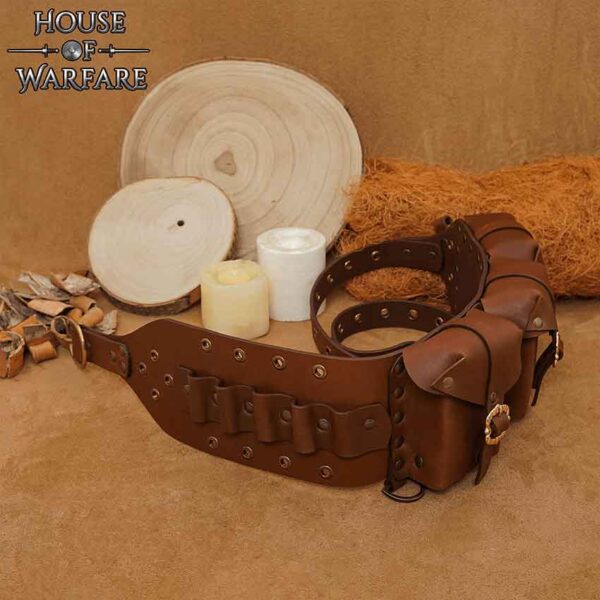 Triple Pouch Leather Belt with Glass Vials - Brown