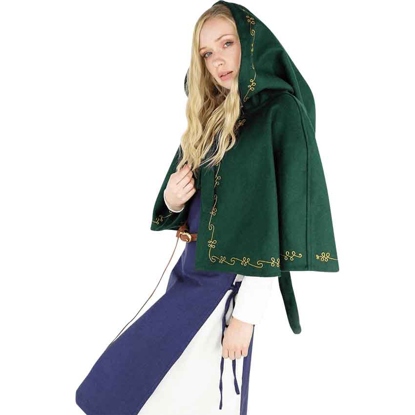 Runa Embroidered Medieval Hood - Green