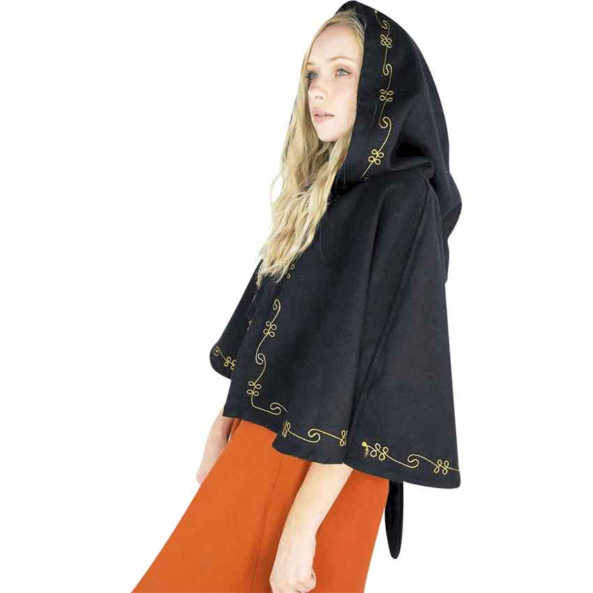 Runa Embroidered Medieval Hood - Black