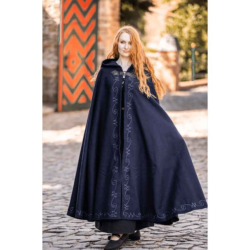 Gesa Embroidered Cloak with Clasp - Blue