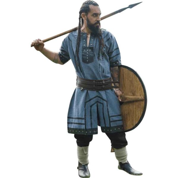 Dark Skinned Rollo Rollo Leather Trim Viking Tunic - Blue-Grey