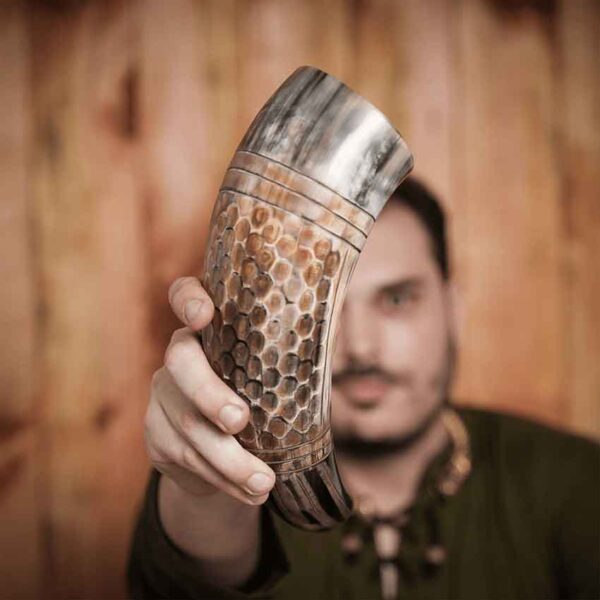 Viking Drinking Horn with Engraved Honeycomb