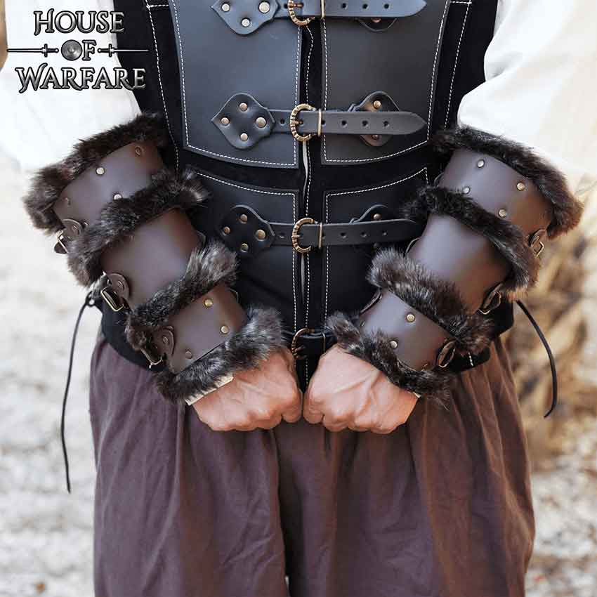 Bjorn Fur Trim Leather Bracers - Brown