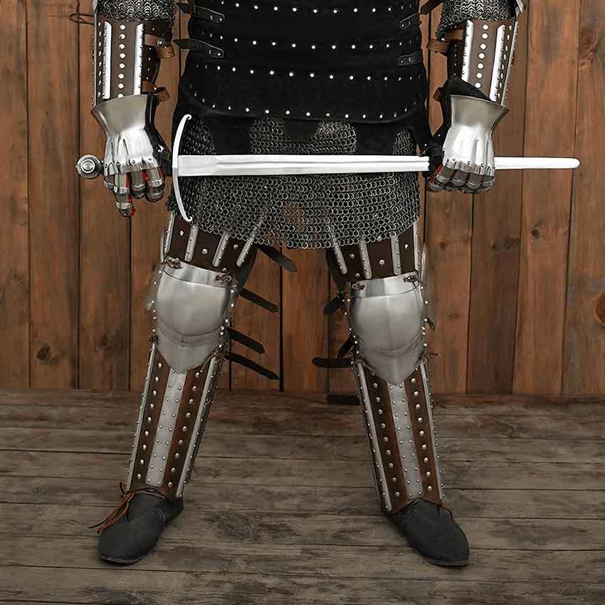 15th Century Leather and Steel Leg Armour - Brown