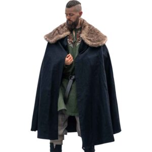 Janne Viking Cloak with Faux Fur Trim - Black