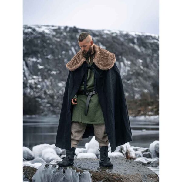 Janne Viking Cloak with Faux Fur Trim - Black