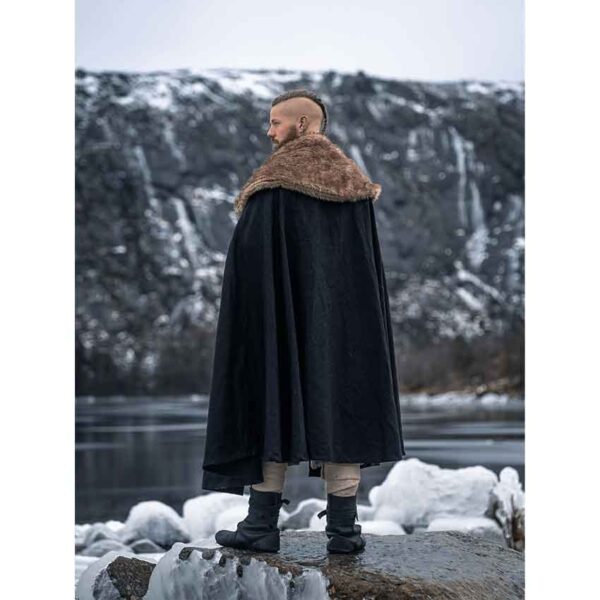 Janne Viking Cloak with Faux Fur Trim - Black