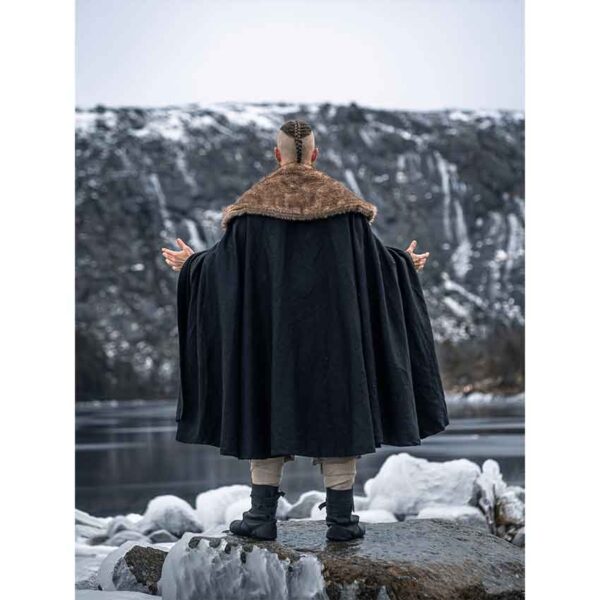 Janne Viking Cloak with Faux Fur Trim - Black