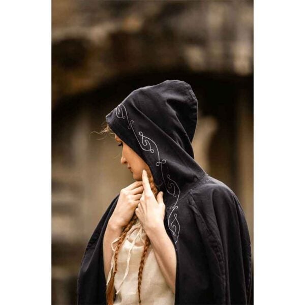 Erna Embroidered Medieval Cloak - Black