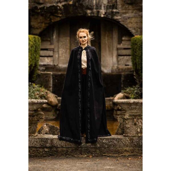 Erna Embroidered Medieval Cloak - Black