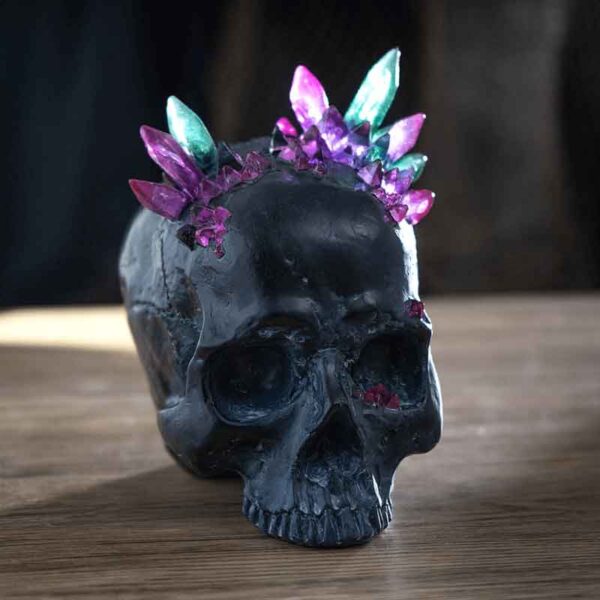 Black Skull Statue with Crystals