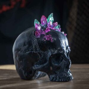 Black Skull Statue with Crystals