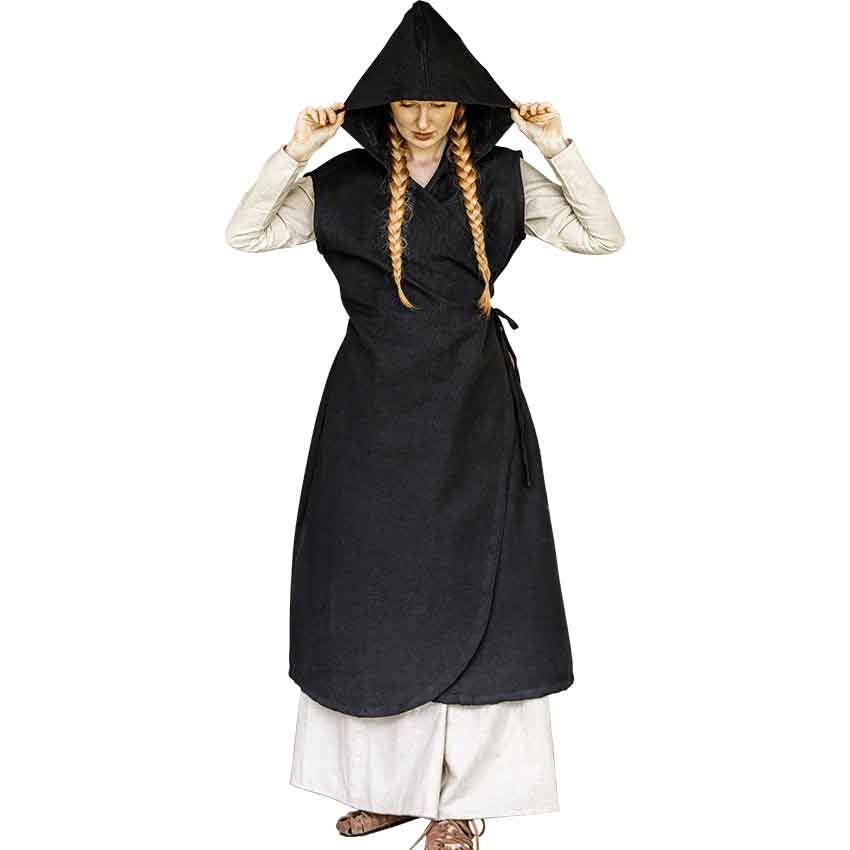 Gerlin Hooded Medieval Wrap Dress - Black