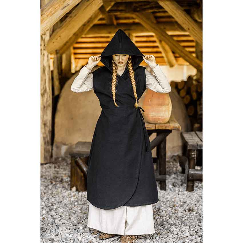 Gerlin Hooded Medieval Wrap Dress - Black