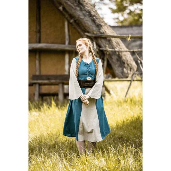 Ilse Medieval Cotton Dress - Dove Blue with Natural
