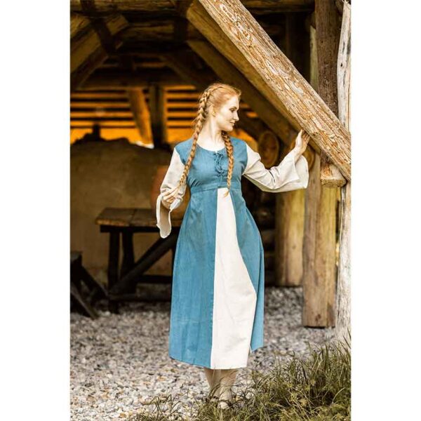 Ilse Medieval Cotton Dress - Dove Blue with Natural