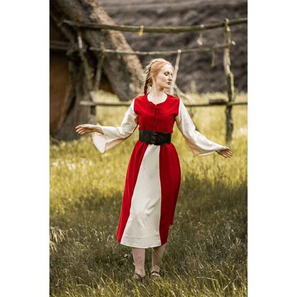 Ilse Medieval Cotton Dress - Red with Natural