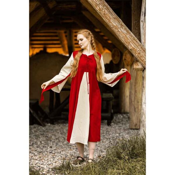 Ilse Medieval Cotton Dress - Red with Natural
