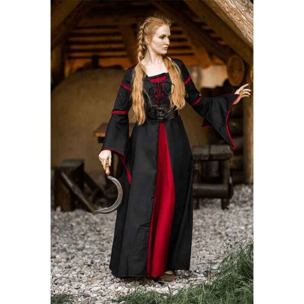 Berblin Medieval Trumpet Sleeve Dress - Black with Red