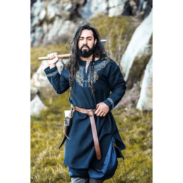 Snorri Urnes Embroidered Viking Tunic - Black with Blue