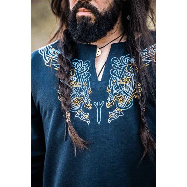Snorri Urnes Embroidered Viking Tunic - Black with Blue