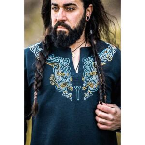 Snorri Urnes Embroidered Viking Tunic - Black with Blue
