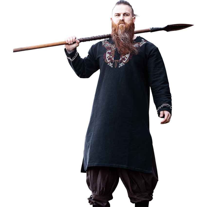 Snorri Urnes Embroidered Viking Tunic - Black with Red