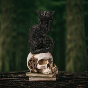 LED Wicked Black Cat on Skull Statue