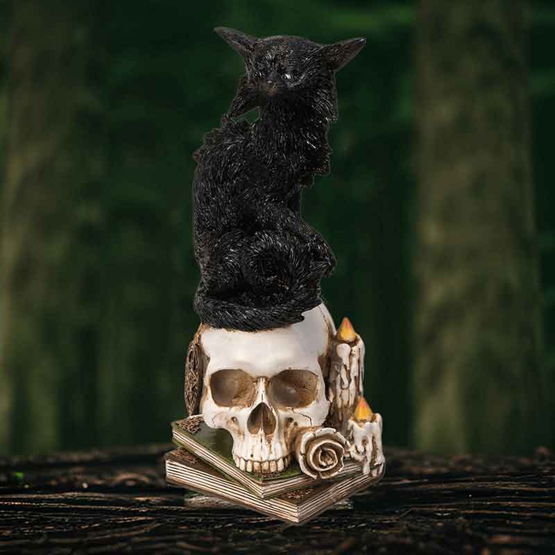 LED Wicked Black Cat on Skull Statue