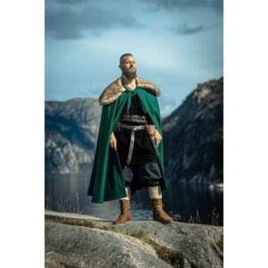 Janne Viking Cloak with Faux Fur Trim - Green
