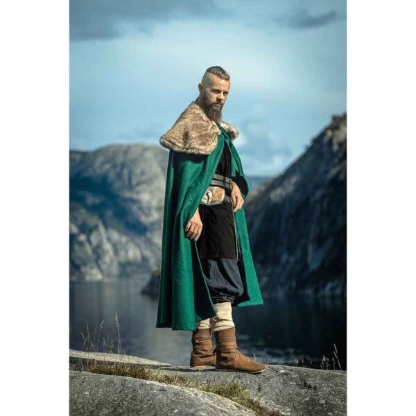 Janne Viking Cloak with Faux Fur Trim - Green