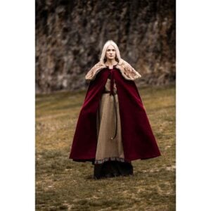 Janne Viking Cloak with Faux Fur Trim - Red