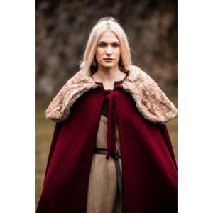 Janne Viking Cloak with Faux Fur Trim - Red